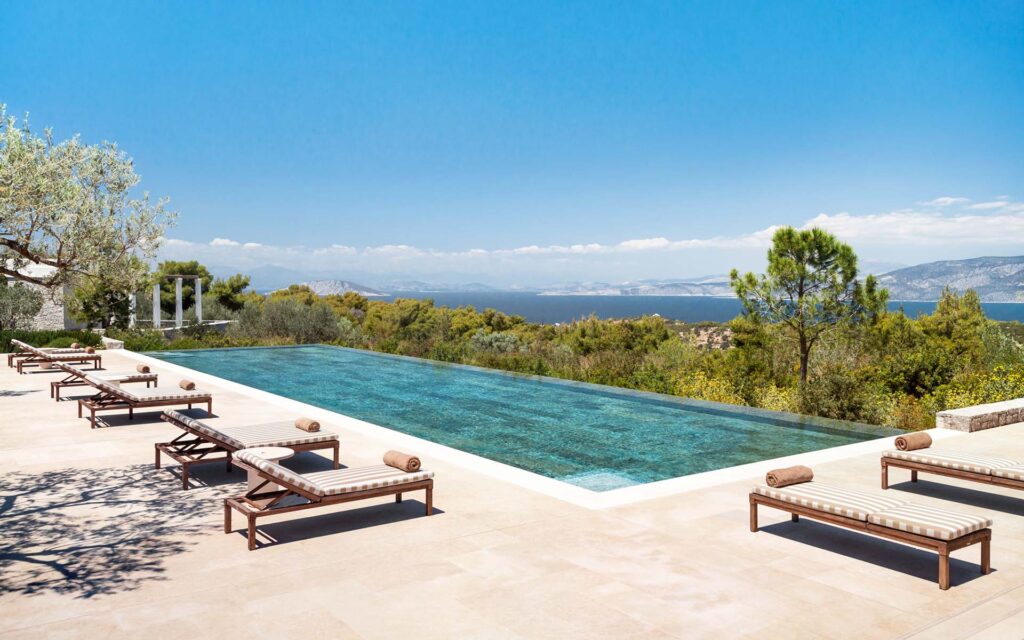 Amanzoe, Greece   Accommodation, Villas, Five bedroom villa, Terrace, Swimming pool, View