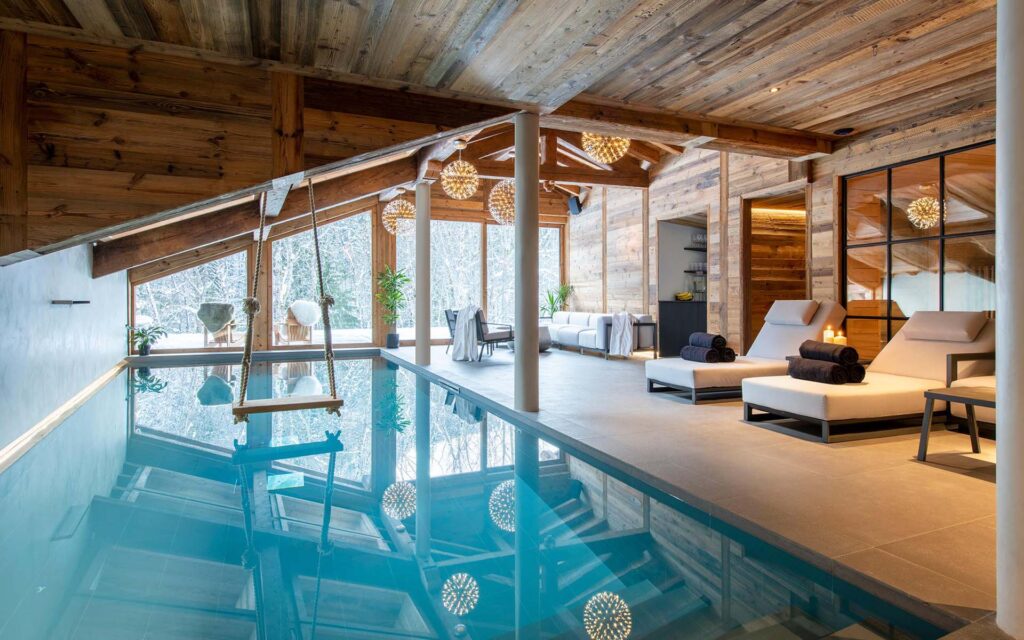 The pool and swing at Chalet Tataali, Morzine